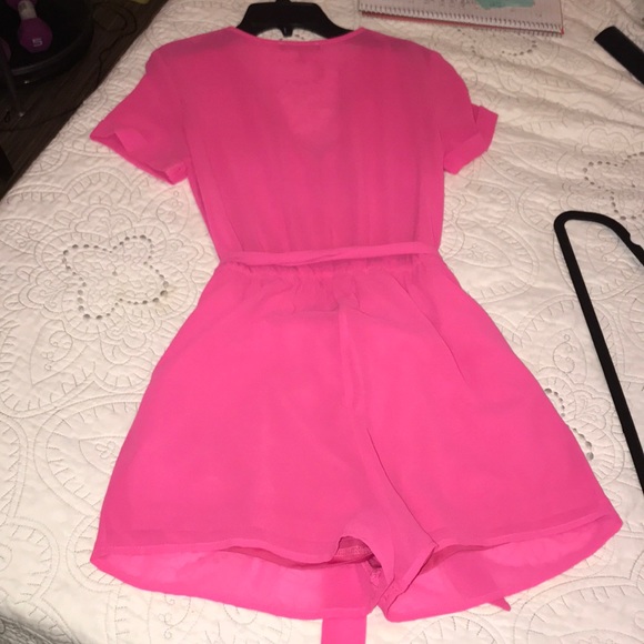 Neon Pink front-zip romper with pockets - Picture 2 of 4